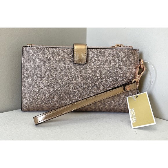 New Michael Kors Jet Set Travel Double Zip Wallet PVC Rose Gold - Picture 3 of 6